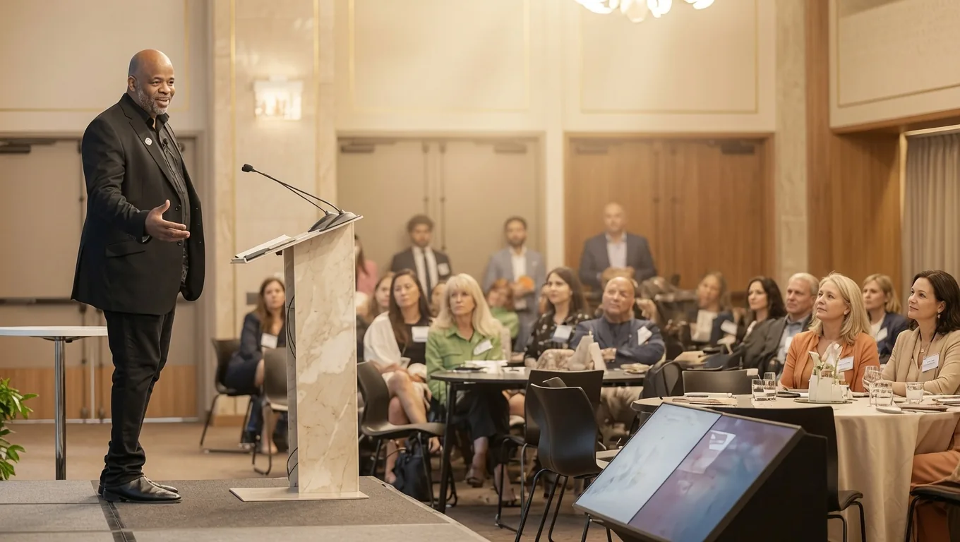 Andre Norman speaking from a podium to a seated audience at a conference