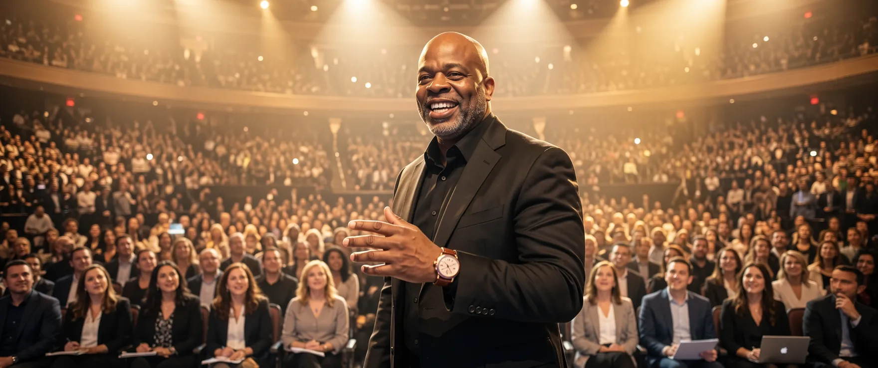 Andre Norman speaking on stage to a full auditorium