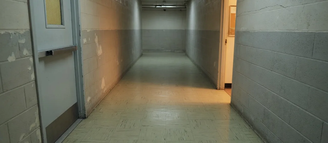 An empty institutional corridor: a closed door in the near foreground on the left, and further down on the right an open doorway spilling warm light across the floor